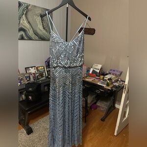 Adrianna Papell Women's  Beaded Sequin Blouson Gown Dress Sz 14  Blue Base